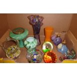 Selection of coloured glass including Langham Glass dishes, paperweights, glass scent bottles etc.