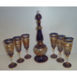 Venetian style glass decanter and six matching cut glass goblets with gilt design