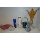 Box of assorted glassware including splash bowl, opaque bottle vase, glass basket etc.