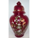 Ruby glass vase with hand painted floral and butterfly detailing