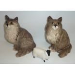 Two large Beswick seated cats and Beswick sheep (3)