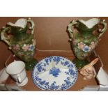 Two Edwardian twin handled vases with floral decoration, Vitrified Delph Stanley Lunch Plate,