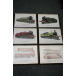 Set of six framed prints depicting railway locomotives