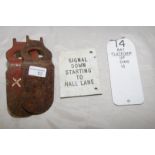 Two signal box tags and brackets (4)