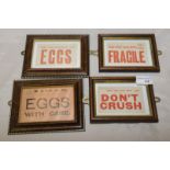 Four framed parcel labels including London & North Eastern Railways, Railway Don't Crush,