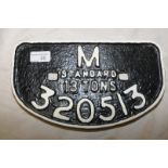 Railway cast metal wagon plate marked M Standard 13 Tons 320513