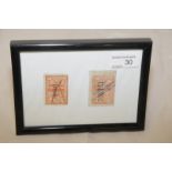 Framed pair of NER parcel stamps with full coat of arms circa 1880