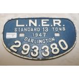 LNER thirteen ton wagon plate Darlington 1947 293380
