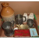 Stoneware flagon 'J Booth Botanical Brewer Stockton & Darlington', three pewter tankards,