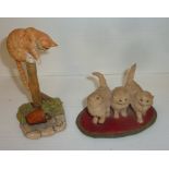 Two Border Fine Art figures three kittens 'Catkins' & cat on a post 'Pole Cat' by J Boyt