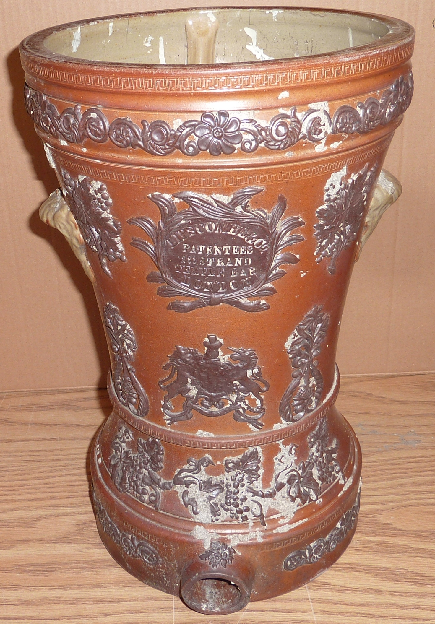 Stoneware water filter with applied ivy leaf and grape design 'Lipscombe Patented 233 Strand Temple