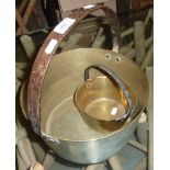 Large and small brass jam pan with wrought iron handles