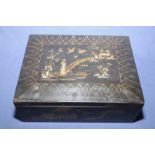 Late 19th C Oriental lacquered and gilt work chinoisiere box with hinged top and central panel and