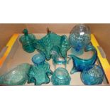 Box of assorted blue studio glass including handkerchief vase, bark vases, splash vases etc.