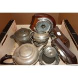 1930s hammered pewter biscuit barrel, three piece hammered pewter tea set,