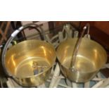 Two large brass jam pans and brass beer type tap and a bed warming pan (4)