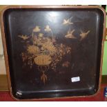 Oriental lacquered and gilt work tray of square form with raised sides