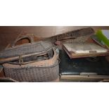 Wicker sewing basket, hair combs, brass sconces, two Victorian photo albums etc.