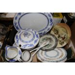 Cauldon blue and white plate, lidded tureen and matching jug, two 19th C soup ladles,