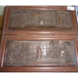 Pair of oak framed cast metal plaques depicting medieval scenes
