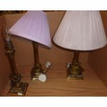 Three brass Corinthian column tables lamps