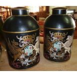 Pair of large metal tea canisters with painted detail