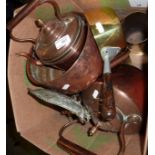 Selection of brass and copper ware including acorn finial kettles, trivets,