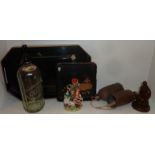 Small Staffordshire spill vase, carved resin figure of a young girl with goats, Citra soda syphon,