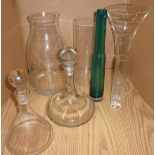 Two glass decanters and selection of glass vases