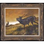 Mick Cawston Original Oil on Canvas 'Sunset Stag' Framed as shown.