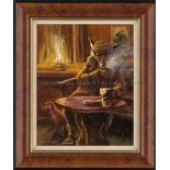 Mick Cawston Original Oil on Canvas "A Quiet Smoke" 11"x 9" (Framed 15.5"x 13") Framed as Shown