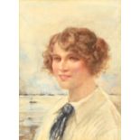 Property of a lady - early 20th century - PORTRAIT OF A YOUNG LADY WITH HARBOUR IN BACKGROUND -