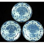 Property of a lady - a set of three 18th century Dutch Delft blue & white shallow dishes or