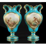 Property of a lady - a pair of 19th century Sevres style bleu celeste ground vases, each with