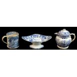 Property of a deceased estate - three 19th century blue & white items including a jug with sieve