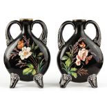 A pair of late 19th / early 20th century French Aesthetic Movement black glass moonflasks, painted