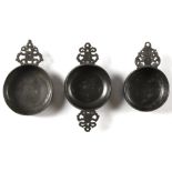 Property of a lady - three pewter porringers, late 17th / early 18th century, one with two