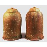 Property of a lady - a near pair of well weathered terracotta rhubarb forcers, both with original