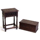 Property of a deceased estate - a Victorian carved oak box stool, 13.85ins. (35.2cms.) wide;