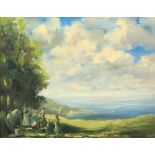 Property of a lady - early 20th century - LADIES BY TREES OVERLOOKING BAY - oil on canvas laid on