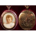 A good late 19th century English school portrait miniature on ivory depicting a young child, oval,