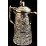 A Victorian silver mounted cut glass claret jug, with rampant lion & shield finial, makers Charles