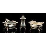 Property of a gentleman - a silver three-piece condiment set, with clear glass liners, makers Cooper
