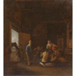 Dutch school, late 17th century - BARN SCENE WITH FIGURES AT TABLE - oil on canvas, re-lined, 14.