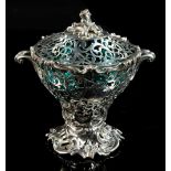 Property of a gentleman - a pierced silver sugar basket & cover, with green glass liner, makers