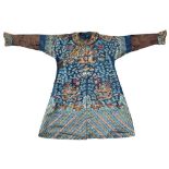 A Chinese blue linen summer robe, late 19th / early 20th century, decorated with gold dragons