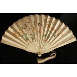 Property of a gentleman - an early 20th century bone & embroidered silk fan, 12.9ins. (32.8cms.)