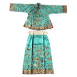 A Malay embroidered turquoise silk jacket and matching skirt (2) (see illustration).