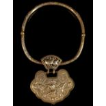 A Chinese gilt metal possibly silver gilt solid band necklace, with repousse decoration depicting