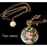 A late 19th century Swiss 18ct gold & polychrome floral enamel cased fob watch with engraved 3.3cms.